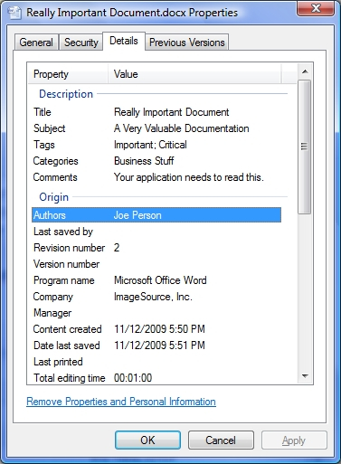 Microsoft office metadata